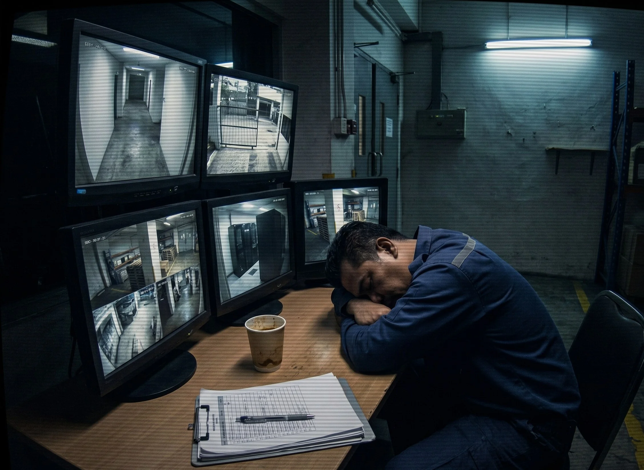 Guard slumped at a dim monitoring desk